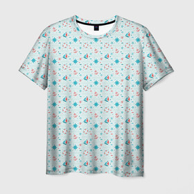Мужская футболка 3D с принтом Морской узор , 100% полиэфир | прямой крой, круглый вырез горловины, длина до линии бедер | кораблик | морской узор | спасательный круг | якорь | якоря | яхта