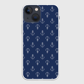 Чехол для iPhone 13 mini с принтом Узор якоря ,  |  | синий фон | узор якоря | якори | якорь