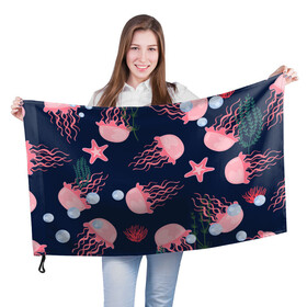 Флаг 3D с принтом розовые медузы , 100% полиэстер | плотность ткани — 95 г/м2, размер — 67 х 109 см. Принт наносится с одной стороны | водоросли | медузы | морская звезда | морские жители | на глубине | розовые медузы