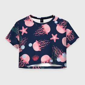 Женская футболка Crop-top 3D с принтом розовые медузы , 100% полиэстер | круглая горловина, длина футболки до линии талии, рукава с отворотами | водоросли | медузы | морская звезда | морские жители | на глубине | розовые медузы