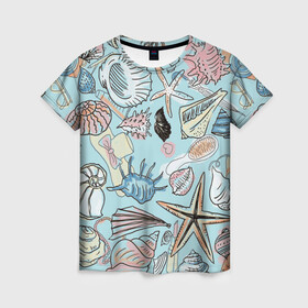 Женская футболка 3D с принтом Морские обитатели , 100% полиэфир ( синтетическое хлопкоподобное полотно) | прямой крой, круглый вырез горловины, длина до линии бедер | звезды | морские животные | морские обитатели | очки | пляжный отдых | ракушки | расческа | улитки