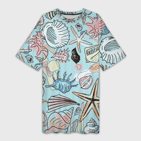 Платье-футболка 3D с принтом Морские обитатели ,  |  | звезды | морские животные | морские обитатели | очки | пляжный отдых | ракушки | расческа | улитки