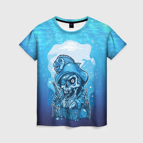 Женская футболка 3D с принтом На дне морском , 100% полиэфир ( синтетическое хлопкоподобное полотно) | прямой крой, круглый вырез горловины, длина до линии бедер | арт | крюк | море | океан | пират | рыба | сундук | череп