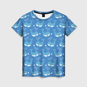 Женская футболка 3D с принтом Киты паттерн , 100% полиэфир ( синтетическое хлопкоподобное полотно) | прямой крой, круглый вырез горловины, длина до линии бедер | whale | бесшовный | кит | киты | море | океан | паттерн