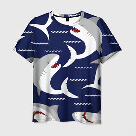 Мужская футболка 3D с принтом Акулы , 100% полиэфир | прямой крой, круглый вырез горловины, длина до линии бедер | Тематика изображения на принте: shark | акула | акуленок | акулы | жители | клыки | море | морские | океан | рыба | черные