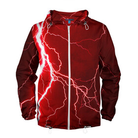 Мужская ветровка 3D с принтом Red Lightning , 100% полиэстер | подол и капюшон оформлены резинкой с фиксаторами, два кармана без застежек по бокам, один потайной карман на груди | Тематика изображения на принте: energy | fire | lightning | storm | thunder