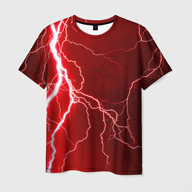 Мужская футболка 3D с принтом Red Lightning , 100% полиэфир | прямой крой, круглый вырез горловины, длина до линии бедер | Тематика изображения на принте: energy | fire | lightning | storm | thunder
