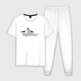 Мужская пижама хлопок с принтом БУМАЖНЫЙ КОРАБЛИК | PAPER BOAT (Z) , 100% хлопок | брюки и футболка прямого кроя, без карманов, на брюках мягкая резинка на поясе и по низу штанин
 | origami | paper boat | ship | ships | бумага | кораблик | кораблики | кораблики на белом | корабль | мореход | одинокая лодка | оригами | самоделка | судно | яхта