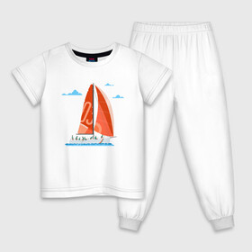 Детская пижама хлопок с принтом КРАСНЫЙ ПАРУСНИК | RED SAILBOAT (Z) , 100% хлопок |  брюки и футболка прямого кроя, без карманов, на брюках мягкая резинка на поясе и по низу штанин
 | boat | sailboat | ship | ships | кораблик | кораблики | корабль | красный парус | лодка | лодочка | лодочка на белом | мореход | одинокая лодка | парус | парусник | судно | яхта | яхты
