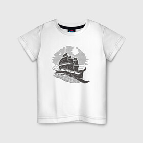 Детская футболка хлопок с принтом КИТ ФРЕГАТ WHALE FRIGATE (Z) , 100% хлопок | круглый вырез горловины, полуприлегающий силуэт, длина до линии бедер | boat | frigate | mastodon | rorqual | sailboat | ship | ships | whale | бумага | кит | китовый | кораблик | кораблики | корабль | левиафан | лодка | мастак | мастодонт | мореход | одинокая лодка | парусник | столп | судно | фрегат