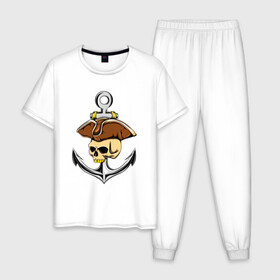 Мужская пижама хлопок с принтом PIRAT ANCHOR ПИРАТСКИЙ ЯКОРЬ (Z) , 100% хлопок | брюки и футболка прямого кроя, без карманов, на брюках мягкая резинка на поясе и по низу штанин
 | anchor | japanese anchor | pirat | pirat anchor | заякориться | пират | пиратский якорь | стоп судно | якорек | якорный | якорь | японский якорь