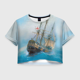 Женская футболка Crop-top 3D с принтом The Sea Devil , 100% полиэстер | круглая горловина, длина футболки до линии талии, рукава с отворотами | ocean | sea | ship | summer | волны | океан | парусник