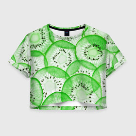 Женская футболка Crop-top 3D с принтом Green Kiwi , 100% полиэстер | круглая горловина, длина футболки до линии талии, рукава с отворотами | Тематика изображения на принте: fresh | fruits | green | kiwi | киви