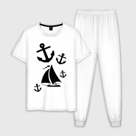 Мужская пижама хлопок с принтом Яхта , 100% хлопок | брюки и футболка прямого кроя, без карманов, на брюках мягкая резинка на поясе и по низу штанин
 | корабль | паруса | парусник | судно | якорь | яхта