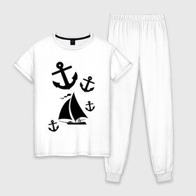 Женская пижама хлопок с принтом Яхта , 100% хлопок | брюки и футболка прямого кроя, без карманов, на брюках мягкая резинка на поясе и по низу штанин | корабль | паруса | парусник | судно | якорь | яхта