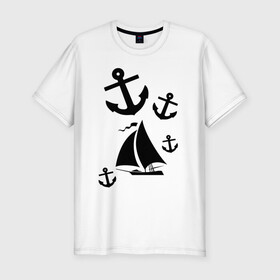 Мужская футболка хлопок Slim с принтом Яхта , 92% хлопок, 8% лайкра | приталенный силуэт, круглый вырез ворота, длина до линии бедра, короткий рукав | Тематика изображения на принте: корабль | паруса | парусник | судно | якорь | яхта
