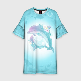Детское платье 3D с принтом Два дельфина , 100% полиэстер | прямой силуэт, чуть расширенный к низу. Круглая горловина, на рукавах — воланы | cute | dolphin | два дельфина | дельфин | дельфин в море | дельфинами | милый | мир | подводный
