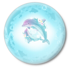 Значок с принтом Два дельфина ,  металл | круглая форма, металлическая застежка в виде булавки | cute | dolphin | два дельфина | дельфин | дельфин в море | дельфинами | милый | мир | подводный