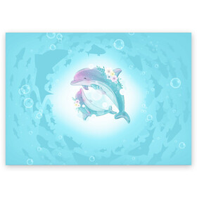 Поздравительная открытка с принтом Два дельфина , 100% бумага | плотность бумаги 280 г/м2, матовая, на обратной стороне линовка и место для марки
 | Тематика изображения на принте: cute | dolphin | два дельфина | дельфин | дельфин в море | дельфинами | милый | мир | подводный