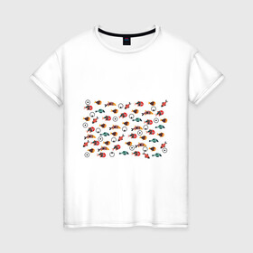 Женская футболка хлопок с принтом Цветные рыбки , 100% хлопок | прямой крой, круглый вырез горловины, длина до линии бедер, слегка спущенное плечо | лето | морские жители | популярные иллюстрации | рыбки на белом | рыбы | цветные рыбки