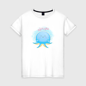 Женская футболка хлопок с принтом Осьминожка , 100% хлопок | прямой крой, круглый вырез горловины, длина до линии бедер, слегка спущенное плечо | cute | kraken | octopus | живность | жители | кракен | милый | мир | морские | осьминог | осьминожка | подводный | тентакли