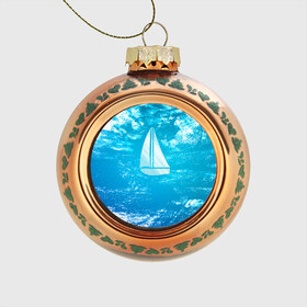Стеклянный ёлочный шар с принтом Парусная лодка , Стекло | Диаметр: 80 мм | sailboat | кораблик | корабль | лодка | на голубом | парус | паруса | парусная лодка | халфтон