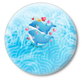Значок с принтом Два дельфина ,  металл | круглая форма, металлическая застежка в виде булавки | cute | dolphin | два дельфина | дельфин | дельфин в море | дельфинами | любовь | милый | мир | подводный | сердечки