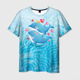 Мужская футболка 3D с принтом Два дельфина , 100% полиэфир | прямой крой, круглый вырез горловины, длина до линии бедер | cute | dolphin | два дельфина | дельфин | дельфин в море | дельфинами | любовь | милый | мир | подводный | сердечки