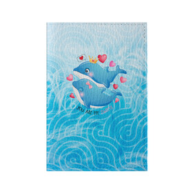 Обложка для паспорта матовая кожа с принтом Два дельфина , натуральная матовая кожа | размер 19,3 х 13,7 см; прозрачные пластиковые крепления | cute | dolphin | два дельфина | дельфин | дельфин в море | дельфинами | любовь | милый | мир | подводный | сердечки
