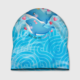 Шапка 3D с принтом Два дельфина , 100% полиэстер | универсальный размер, печать по всей поверхности изделия | cute | dolphin | два дельфина | дельфин | дельфин в море | дельфинами | любовь | милый | мир | подводный | сердечки