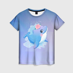 Женская футболка 3D с принтом Дельфинчик , 100% полиэфир ( синтетическое хлопкоподобное полотно) | прямой крой, круглый вырез горловины, длина до линии бедер | cute | dolphin | дельфин | дельфин в море | дельфинами | дельфинчик | милый | мир | подводный