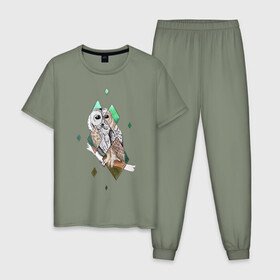 Мужская пижама хлопок с принтом Owl rhombus , 100% хлопок | брюки и футболка прямого кроя, без карманов, на брюках мягкая резинка на поясе и по низу штанин
 | геометрия | графика | природа | птицы | реализм | рисунок | ромб | ручная рисовка | сова