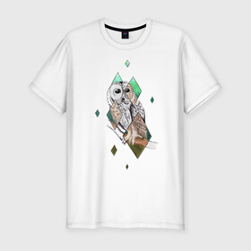 Мужская футболка хлопок Slim с принтом Owl rhombus , 92% хлопок, 8% лайкра | приталенный силуэт, круглый вырез ворота, длина до линии бедра, короткий рукав | геометрия | графика | природа | птицы | реализм | рисунок | ромб | ручная рисовка | сова