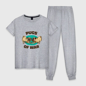 Женская пижама хлопок с принтом Pugs of War - Мопсы войны , 100% хлопок | брюки и футболка прямого кроя, без карманов, на брюках мягкая резинка на поясе и по низу штанин | art | cute pugs | english | funny art | game | god of war | parody | pug | английская надпись | год оф вар | игра | иллюстрация | канат | милые мопсы | мопс | мопсики | пародия | перетягивание каната | прикол | пуг | пугель | рисунок