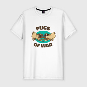 Мужская футболка хлопок Slim с принтом Pugs of War - Мопсы войны , 92% хлопок, 8% лайкра | приталенный силуэт, круглый вырез ворота, длина до линии бедра, короткий рукав | art | cute pugs | english | funny art | game | god of war | parody | pug | английская надпись | год оф вар | игра | иллюстрация | канат | милые мопсы | мопс | мопсики | пародия | перетягивание каната | прикол | пуг | пугель | рисунок