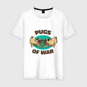 Мужская футболка хлопок с принтом Pugs of War - Мопсы войны , 100% хлопок | прямой крой, круглый вырез горловины, длина до линии бедер, слегка спущенное плечо. | art | cute pugs | english | funny art | game | god of war | parody | pug | английская надпись | год оф вар | игра | иллюстрация | канат | милые мопсы | мопс | мопсики | пародия | перетягивание каната | прикол | пуг | пугель | рисунок