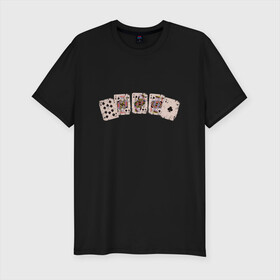 Мужская футболка хлопок Slim с принтом Royal Flush Флеш Роял Покер , 92% хлопок, 8% лайкра | приталенный силуэт, круглый вырез ворота, длина до линии бедра, короткий рукав | art | cards | casino | king | play cards | poker | retro | texas hold em | vintage | арт | валет | винтаж | дама | игральные карты | иллюстрация | казино | комбинация | король | ретро | старые карты | техасский холд | туз | флеш рояль
