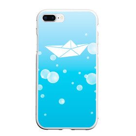 Чехол для iPhone 7Plus/8 Plus матовый с принтом Бумажный кораблик , Силикон | Область печати: задняя сторона чехла, без боковых панелей | Тематика изображения на принте: бумажный | кораблик | кораблики на синем | корабль | пузыри