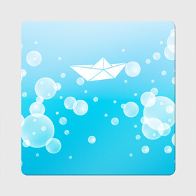 Магнит виниловый Квадрат с принтом Бумажный кораблик , полимерный материал с магнитным слоем | размер 9*9 см, закругленные углы | Тематика изображения на принте: бумажный | кораблик | кораблики на синем | корабль | пузыри