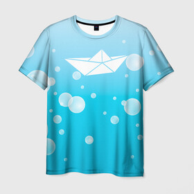 Мужская футболка 3D с принтом Бумажный кораблик , 100% полиэфир | прямой крой, круглый вырез горловины, длина до линии бедер | бумажный | кораблик | кораблики на синем | корабль | пузыри