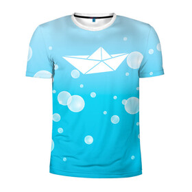 Мужская футболка 3D спортивная с принтом Бумажный кораблик , 100% полиэстер с улучшенными характеристиками | приталенный силуэт, круглая горловина, широкие плечи, сужается к линии бедра | бумажный | кораблик | кораблики на синем | корабль | пузыри