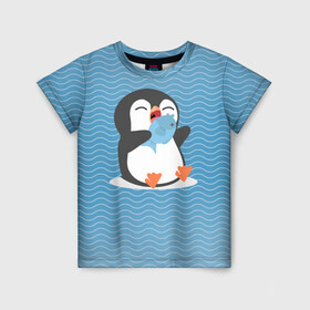 Детская футболка 3D с принтом Пингвин , 100% гипоаллергенный полиэфир | прямой крой, круглый вырез горловины, длина до линии бедер, чуть спущенное плечо, ткань немного тянется | ест рыбу | морские | океан | пингвин | пингвинчик | рыба | рыбку