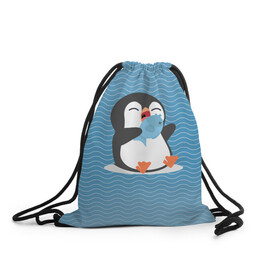 Рюкзак-мешок 3D с принтом Пингвин , 100% полиэстер | плотность ткани — 200 г/м2, размер — 35 х 45 см; лямки — толстые шнурки, застежка на шнуровке, без карманов и подкладки | ест рыбу | морские | океан | пингвин | пингвинчик | рыба | рыбку