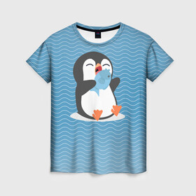 Женская футболка 3D с принтом Пингвин , 100% полиэфир ( синтетическое хлопкоподобное полотно) | прямой крой, круглый вырез горловины, длина до линии бедер | ест рыбу | морские | океан | пингвин | пингвинчик | рыба | рыбку