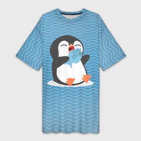 Платье-футболка 3D с принтом Пингвин ,  |  | ест рыбу | морские | океан | пингвин | пингвинчик | рыба | рыбку