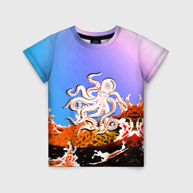 Детская футболка 3D с принтом Осьминог в Лаве | Градиент , 100% гипоаллергенный полиэфир | прямой крой, круглый вырез горловины, длина до линии бедер, чуть спущенное плечо, ткань немного тянется | animal | beast | fade | kraken | monster | moon | ocean | octopus | sea | water | waves | вода | волны | градиент | животные | звери | кракен | лава | луна | монстр | море | небо | огонь | океан | осьминог | рыбы | щупальца