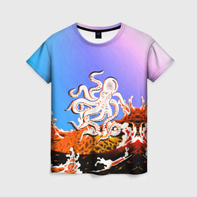 Женская футболка 3D с принтом Осьминог в Лаве | Градиент , 100% полиэфир ( синтетическое хлопкоподобное полотно) | прямой крой, круглый вырез горловины, длина до линии бедер | animal | beast | fade | kraken | monster | moon | ocean | octopus | sea | water | waves | вода | волны | градиент | животные | звери | кракен | лава | луна | монстр | море | небо | огонь | океан | осьминог | рыбы | щупальца