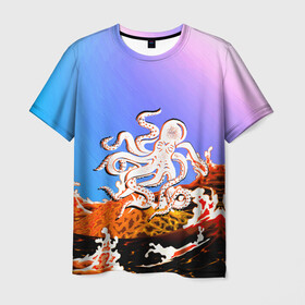 Мужская футболка 3D с принтом Осьминог в Лаве | Градиент , 100% полиэфир | прямой крой, круглый вырез горловины, длина до линии бедер | animal | beast | fade | kraken | monster | moon | ocean | octopus | sea | water | waves | вода | волны | градиент | животные | звери | кракен | лава | луна | монстр | море | небо | огонь | океан | осьминог | рыбы | щупальца