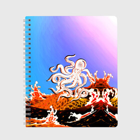Тетрадь с принтом Осьминог в Лаве | Градиент , 100% бумага | 48 листов, плотность листов — 60 г/м2, плотность картонной обложки — 250 г/м2. Листы скреплены сбоку удобной пружинной спиралью. Уголки страниц и обложки скругленные. Цвет линий — светло-серый
 | Тематика изображения на принте: animal | beast | fade | kraken | monster | moon | ocean | octopus | sea | water | waves | вода | волны | градиент | животные | звери | кракен | лава | луна | монстр | море | небо | огонь | океан | осьминог | рыбы | щупальца