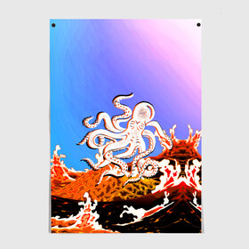 Постер с принтом Осьминог в Лаве | Градиент , 100% бумага
 | бумага, плотность 150 мг. Матовая, но за счет высокого коэффициента гладкости имеет небольшой блеск и дает на свету блики, но в отличии от глянцевой бумаги не покрыта лаком | Тематика изображения на принте: animal | beast | fade | kraken | monster | moon | ocean | octopus | sea | water | waves | вода | волны | градиент | животные | звери | кракен | лава | луна | монстр | море | небо | огонь | океан | осьминог | рыбы | щупальца